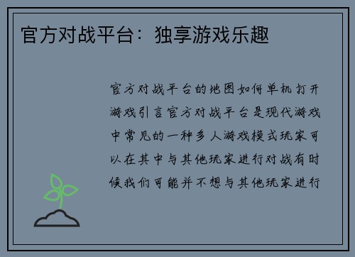 官方对战平台：独享游戏乐趣