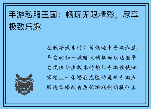 手游私服王国：畅玩无限精彩，尽享极致乐趣